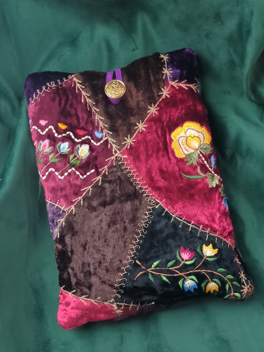 Handmade Vintage Crazy Quilt Velvet Book Sleeve Floral Embroidered OOAK